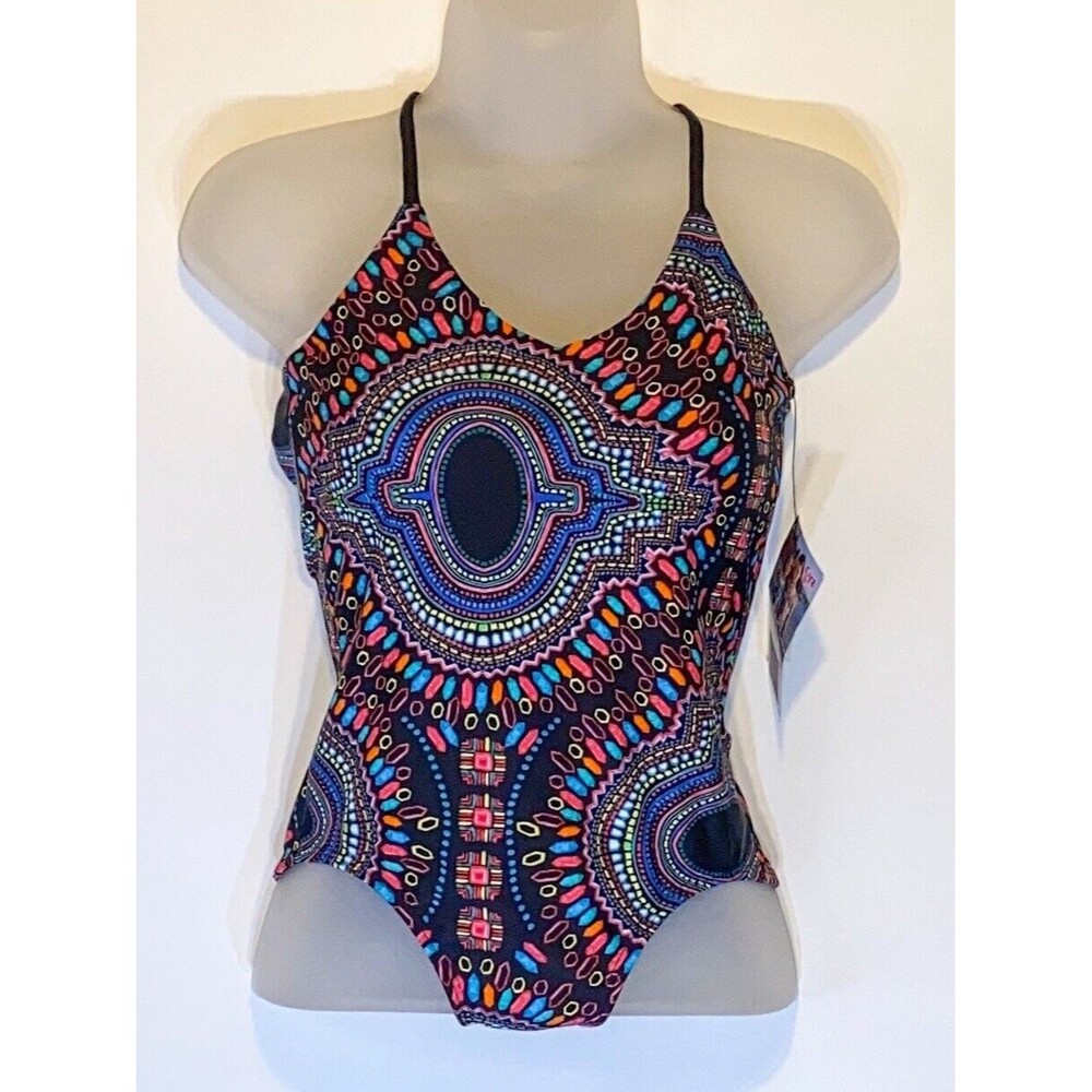 Coral Reef One Piece Swimsuit Girls Youth Size 8 Black Colorful Geometric Beach